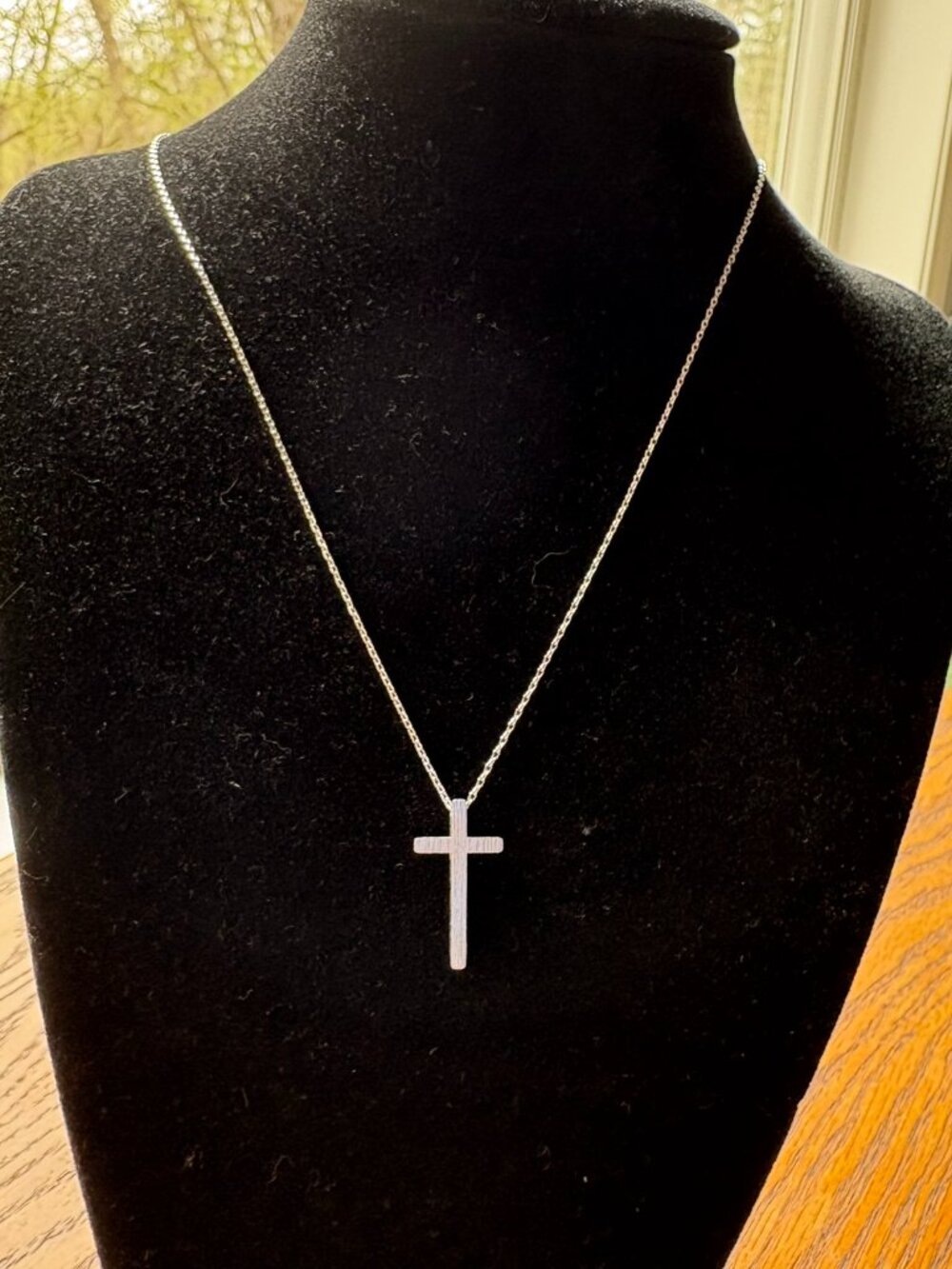 NWT, silver cross, one side is brushed, 16 inch chain, cross is 7/8 inches tall